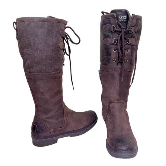 UGG ELSA Waterproof Tall Leather Suede Boots Zipper Laces Brown Winter Neutral 6 - Picture 2 of 16